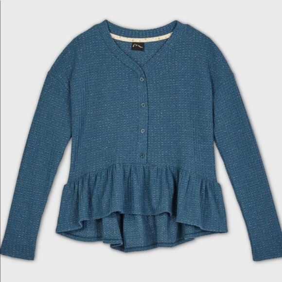 ART CLASS Girls' Henley Peplum Long Sleeve Top Blue - Picture 1 of 3